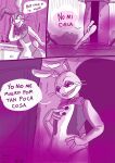  anthro bow_accessory buckteeth clothing comic dialogue duo female five_nights_at_freddy&#039;s glitchtrap happy lagomorph leporid machine male mammal purple_background rabbit renita_reed scottgames scut_tail short_tail simple_background spanish_text speech_bubble sweater tail teeth text topwear vanny_(fnaf) whiskers 