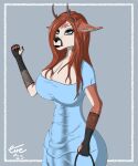  anthro big_breasts big_penis blue_eyes breasts brown_hair bulge cire clothing dress ear_piercing ear_ring genital_outline genitals gynomorph hair hi_res hybrid intersex mammal penis penis_outline piercing ring_piercing solo 