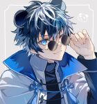  1boy animal_ears black_hair blue_eyes cape charlemagne_(fate) fate/grand_order fate_(series) glasses hair_between_eyes highres looking_at_viewer male_focus multicolored_hair one_eye_closed panda panda_ears poppoman round_eyewear short_hair smile solo streaked_hair two-tone_hair upper_body white_cape white_hair 