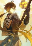  1boy black_gloves brown_coat brown_hair closed_mouth coat expressionless floating genshin_impact gloves holding holding_polearm holding_weapon long_sleeves looking_at_viewer looking_back male_focus nogi_(nokisaki) polearm short_hair_with_long_locks solo upper_body weapon yellow_background yellow_eyes zhongli_(genshin_impact) 