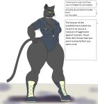  anthro big_butt boots breasts butt clothed clothing dialogue domestic_cat english_text felid feline felis female flat_colors footwear hi_res jewelry mammal necklace photolol.03 simple_background solo text thick_thighs uniform wide_hips 