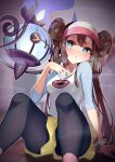  1girl aqua_eyes arm_support black_pantyhose blush bright_pupils brown_hair chandelure closed_mouth commentary_request double_bun doughnut_hair_bun hair_bun hand_up highres long_hair pantyhose pantyhose_under_shorts pokemon pokemon_(creature) pokemon_(game) pokemon_bw2 raglan_sleeves rindoriko rosa_(pokemon) short_shorts shorts sitting sweat twintails very_long_hair visor_cap white_pupils yellow_shorts 