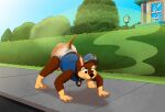  absurd_res all_fours baltnwolf_(artist) canid canine canis chase_(paw_patrol) clothed clothing diaper domestic_dog hi_res male mammal outside paw_patrol sniffing solo wearing_diaper 