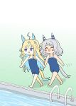  2girls ahoge animal_ears ashitaba_tomorou blonde_hair blue_eyes blue_one-piece_swimsuit chibi closed_eyes commentary_request ear_covers full_body grey_hair hair_between_eyes hair_ornament happy_birthday hishi_miracle_(umamusume) horse_ears horse_tail multicolored_hair multiple_girls neo_universe_(umamusume) one-piece_swimsuit open_mouth pool school_uniform streaked_hair swimsuit tail tracen_swimsuit two-tone_hair umamusume walking water 