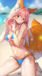  1girl animal_ear_fluff animal_ears barefoot beach bikini blue_bikini blush breasts cleavage comiket_102 day fate/grand_order fate_(series) fox_ears fox_girl fox_tail large_breasts long_hair looking_at_viewer mogullaz nature navel outdoors pink_hair side-tie_bikini_bottom smile solo swimsuit tail tamamo_(fate) tamamo_no_mae_(swimsuit_lancer)_(fate) wet wet_clothes wet_hair wet_swimsuit yellow_eyes 