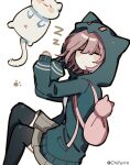  1girl animal animal_bag artist_name backpack bag black_thighhighs blush_stickers brown_hair cat cat_bag chifurin closed_eyes closed_mouth danganronpa_(series) danganronpa_2:_goodbye_despair from_above green_jacket highres hood hooded_jacket jacket long_sleeves lying medium_hair miniskirt nanami_chiaki on_side pink_bag pleated_skirt skirt sleeping sleeves_past_wrists thighhighs 