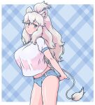  1girl acesrulez animal_ears big_hair blue_buruma blush breasts buruma gym_shirt gym_uniform hair_between_eyes highres huge_breasts kemono_friends kemono_friends_3 lion_ears lion_girl lion_tail long_hair looking_at_viewer shirt shirt_overhang short_sleeves solo tail white_hair white_lion_(kemono_friends) 