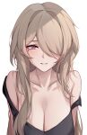  1girl bare_shoulders black_shirt black_tank_top blush breasts brown_hair chinese_commentary cleavage collarbone commentary_request hair_over_one_eye heart highres honkai_(series) honkai_impact_3rd large_breasts long_bangs long_hair looking_at_viewer mole mole_under_eye parted_lips purple_eyes rita_rossweisse ruo_zhishi_chu_jian shirt simple_background smile solo strap_slip tank_top teeth upper_body white_background 