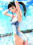  1girl ass black_hair blue_eyes blue_sky chiga_akira cloud competition_swimsuit day fence from_behind highres holding holding_hair looking_at_viewer looking_back mouth_hold one-piece_swimsuit original outdoors ponytail pool red_ribbon ribbon sky solo swimsuit water white_one-piece_swimsuit 