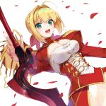  1girl :d absurdres ahoge blonde_hair blush breasts cleavage commentary cowboy_shot dress dutch_angle eyelashes eyes_visible_through_hair falling_petals fate/extra fate_(series) groin hair_between_eyes hair_bun hair_intakes hand_up happy highres holding holding_sword holding_weapon juliet_sleeves large_breasts long_sleeves looking_at_viewer medium_hair nail_polish nero_claudius_(fate) open_mouth panties petals puffy_sleeves red_dress red_nails rose_petals see-through simple_background single_hair_bun smile solo sword teeth underwear upper_teeth_only weapon white_background white_panties yanagi_marie 