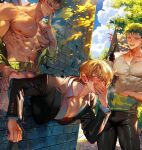  3boys abs alcohol anal bara black_jacket black_pants blonde_hair blush bottle clothes_pull cloud day earrings finger_to_mouth green_hair hand_on_own_face holding holding_bottle jacket jewelry large_pectorals male_focus multiple_boys muscular muscular_male navel nipples one_eye_closed one_piece open_mouth outdoors pants pants_pull pectorals public_use roronoa_zoro runa_(nori31291404) sanji_(one_piece) sex sex_from_behind shirt short_hair shushing sky smile stuck through_wall white_shirt yaoi 