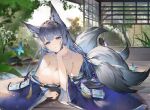  1girl absurdres animal_ear_fluff animal_ears azur_lane bare_shoulders blue_butterfly blue_collar blue_eyes blue_kimono breasts bug butterfly cleavage collar detached_collar detached_sleeves flantia fox_ears fox_girl fox_tail gold_trim grey_hair hand_on_own_cheek hand_on_own_face highres japanese_clothes kimono kitsune kyuubi large_breasts large_tail long_hair long_sleeves looking_at_viewer lying multiple_tails on_stomach shinano_(azur_lane) solo tail white_tail wooden_floor 
