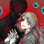  1boy 1girl black_coat black_shirt black_skin blue_eyes censored censored_(lobotomy_corporation) coat collared_shirt colored_skin crying e.g.o_(project_moon) employee_(lobotomy_corporation) eye_hair_ornament gloves grey_hair grey_jacket holding_hands jacket lobotomy_corporation long_hair necktie nishikujic open_mouth personification project_moon red_necktie shirt very_long_hair white_gloves wing_collar 