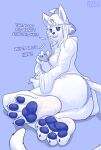  anthro artist_name blue_and_white bodily_fluids butt clothed clothing dialogue fangs feet female foot_focus hi_res holding_tablet_pen looking_at_viewer monochrome narrowed_eyes panties rz54 simple_background smile solo sweat sweaty_feet talking_to_viewer teeth underwear 