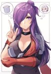  1girl 1other arval_(fire_emblem) asymmetrical_clothes blush breasts choker closed_mouth cooking_pot fire_emblem fire_emblem:_three_houses fire_emblem_warriors:_three_hopes food hair_bun hair_over_one_eye highres large_breasts long_hair purple_eyes purple_hair reia_hana shez_(female)_(fire_emblem) shez_(fire_emblem) thought_bubble 