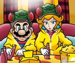  1boy 1girl alternate_costume artist_name blonde_hair blue_eyes bottle breaking_bad brown_hair doc_shoddy earrings facial_hair gloves hazmat_suit highres holding holding_bottle indoors instagram_logo jewelry long_hair looking_at_viewer mario mario_(series) mask mask_on_head mustache nakaue_shigehisa_(style) princess_peach short_hair sphere_earrings twitter_logo watermark white_gloves 