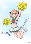  1girl akashieru armpits blue_background blue_eyes blush brown_hair cheering cheerleader crop_top fish gradient_background hachijou_(kancolle) hair_ribbon highres holding holding_pom_poms jumping kantai_collection midriff miniskirt navel pleated_skirt pom_pom_(cheerleading) ribbon saury shoes skirt smile sneakers solo white_skirt 