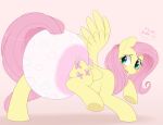  big_diaper blue_eyes blush dialogue diaper english_text equid equine fluttershy_(mlp) friendship_is_magic fur hair hasbro hi_res hooves looking_back mammal my_little_pony pegasus pink_hair pink_tail shuphle solo tail text wings yellow_body yellow_fur 