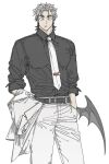  1boy absurdres bara black_shirt collared_shirt demon_boy demon_horns demon_tail earrings feet_out_of_frame grey_hair hands_in_pockets highres horns jewelry large_pectorals looking_at_viewer male_focus medium_hair muscular muscular_male na-eun_(ejdbvaaqup08jfy) necktie original pants pectorals scar scar_on_face scar_on_mouth shirt sideburns skin-covered_horns solo standing stud_earrings tail thick_eyebrows unamused white_background white_necktie white_pants 