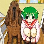  1girl animal bubbacterial closed_mouth dog empty_eyes green_eyes green_hair grey_hair highres indoors loafers long_sleeves multi_(to_heart) red_sailor_collar robot_ears sailor_collar school_uniform serafuku shoes short_hair squatting stairs to_heart to_heart_(series) 