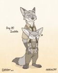  2023 aar0njay anthro barefoot canid canine cheek_tuft clothed clothing digital_media_(artwork) dipstick_ears dipstick_tail disney duo facial_tuft feet fennec finnick_(zootopia) fox fully_clothed hi_res inktober inktober_2023 mammal markings multicolored_ears necktie nick_wilde red_fox signature simple_background smile standing tail tail_markings tuft upset zootopia 