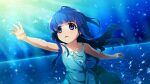  1girl bare_arms blue_background blue_hair blunt_bangs bow collarbone dress furude_rika green_dress highres higurashi_no_naku_koro_ni higurashi_no_naku_koro_ni_mei hime_cut long_hair official_art open_mouth outstretched_arm outstretched_hand purple_eyes raised_eyebrows ribbon running sad scene_reference sidelocks solo yellow_ribbon 