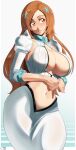  1girl absurdres bleach bleach:_the_thousand-year_blood_war blush breasts castell cleavage cleavage_cutout clothing_cutout crop_top curvy detached_sleeves hair_ornament hairpin highres inoue_orihime large_breasts lips long_hair long_skirt looking_to_the_side navel orange_eyes orange_hair parted_bangs shirt skirt smile solo stomach white_shirt white_skirt wide_hips 