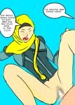  1boy 1girl aqua_background bottomless breasts cum cum_in_pussy ejen_ali hetero hijab iman_(ejen_ali) large_breasts malay_text non-web_source nude penis sex vaginal 