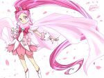  1girl 2016 boots bow commentary_request cure_blossom dated dress eyelashes hair_bow hair_ornament hanasaki_tsubomi happy heartcatch_precure! high_ponytail long_hair looking_at_viewer magical_girl matatabi_(karukan222) petals pink_bow pink_dress pink_eyes pink_hair pink_theme ponytail precure puffy_short_sleeves puffy_sleeves short_sleeves signature simple_background smile solo standing very_long_hair white_background wrist_cuffs 
