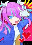  1girl :d absurdres blue_eyes blue_hair blue_jacket commentary_request gloves guillaume_hall hair_over_one_eye hair_ribbon heart highres jacket long_hair long_sleeves looking_at_viewer master_detective_archives:_rain_code monaka_(monaka_alola) multicolored_hair ok_sign ok_sign_over_eye open_mouth pink_eyeliner pink_hair ribbon sharp_teeth shirt smile solo streaked_hair teeth twintails twitter_username white_gloves white_shirt 