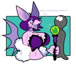  absurd_res ambiguous_gender anthro bat big_breasts bodily_fluids breasts claws duo female fukkusu hair hi_res human hypnofood mammal midriff purple_hair scepter simple_background sweat wings 