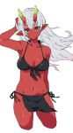  1girl bikini black_bikini black_eyes colored_skin commentary green_horns highres horns long_hair looking_at_viewer m_k oni oni_horns original pointy_ears red_skin side-tie_bikini_bottom simple_background solo swimsuit symbol-only_commentary white_background white_hair 