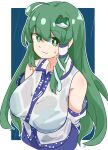  1girl :3 be_yu blue_skirt bra_visible_through_clothes detached_sleeves frog frog_hair_ornament green_eyes green_hair hair_ornament hair_tubes highres kochiya_sanae long_hair nontraditional_miko rain see-through see-through_shirt shirt single_hair_tube skirt snake snake_hair_ornament solo sweatdrop touhou upper_body wet wet_clothes wet_shirt 