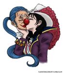  1boy 1girl alvida_(one_piece) artist_name bead_necklace beads black_hair buggy_the_clown closed_eyes clown_nose cowboy_hat disembodied_head earrings facial_hair facial_mark flaggermousseart hand_on_another&#039;s_chin hat hat_feather jewelry kiss long_hair low_ponytail necklace one_piece ponytail red_lips red_nose simple_background web_address white_background white_headwear 