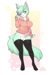  anthro canid canine clothing cute_expression fox gesture hi_res hoodie intersex legwear mammal mint_hair minty_(d4c_mintytea) pink_clothing pink_hoodie pink_topwear pixie_cut solo thigh_highs topwear toxicmilkyx v_sign 