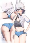  1girl ass bent_over blue_archive blue_buruma breasts buruma clothes_lift helmet highres large_breasts lifted_by_self looking_at_viewer multiple_views navel nobisu_tori saki_(blue_archive) shirt shirt_lift short_hair simple_background sitting sports_bra white_background white_headwear white_shirt 