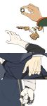  4boys belt bird briefcase chain clenched_hand close-up eagle gon_freecss hand_focus highres holding holding_briefcase holding_jewelry holding_ring hunter_x_hunter jewelry killua_zoldyck kurapika leorio_paladiknight male_focus multiple_boys open_hand outstretched_arm pale_skin ring suit t_l_r 