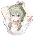  1girl arms_up closed_mouth commentary_request dot_nose green_hair hair_tie highres kusanagi_nene low_tied_sidelocks pjmiyo project_sekai purple_eyes shirt short_sleeves simple_background solo tying_hair upper_body white_background white_shirt 