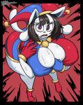  big_breasts bodily_fluids breasts canid canine cleavage clothed clothing hi_res huge_breasts jyto mammal pomni_(the_amazing_digital_circus) sweat sweaty_breasts temmie_(undertale) thick_thighs undertale undertale_(series) 