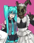  1boy 1girl absurdres animal_ears animal_nose artist_request bag bare_shoulders black_dress black_headphones black_skirt black_sleeves blue_eyes blue_hair blue_necktie colored_skin detached_sleeves dress five_nights_at_freddy&#039;s frills green_skin grey_shirt hatsune_miku headphones headphones_around_neck highres holding holding_bag long_hair long_sleeves looking_to_the_side low_twintails maid maid_headdress multicolored_clothes multicolored_skirt necktie open_mouth pale_skin pink_background pleated_skirt rabbit_ears shirt simple_background skirt smile springtrap teeth third-party_source twintails upper_teeth_only v very_long_hair vocaloid white_bag 