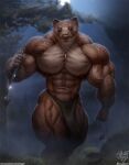  2023 abs anthro areola biceps big_muscles biped bottomwear brown_body brown_fur bulge clothed clothing detailed_background digital_media_(artwork) ear_piercing ear_ring full_moon fur grass hi_res holding_object holding_weapon huge_muscles jewelry jugg4 loincloth looking_at_viewer male mammal moon muscular muscular_anthro muscular_male muscular_thighs mustelid musteline navel navel_piercing necklace night nipple_piercing nipple_ring nipples outside pecs piercing plant quads ring_piercing sky solo tan_body tan_fur tattoo thick_thighs topless tree true_musteline vein veiny_muscles weapon weasel whiskers 