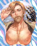  1boy bara bare_pectorals beard blonde_hair blue_eyes breast_mousepad chest_hair facial_hair hand_in_own_hair highres large_pectorals lying male_focus mature_male mole mole_under_eye mousepad_(medium) nipples obi-wan_kenobi on_back open_clothes open_shirt pectorals pensan prosthesis prosthetic_arm short_hair solo star_wars:_revenge_of_the_sith thick_eyebrows 