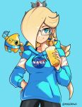  1girl absurdres black_pants blonde_hair blue_background blue_eyes blue_hoodie bubble_tea casual closed_mouth crown earrings fingernails glasses hair_over_one_eye hand_on_own_hip highres hood hoodie jewelry long_hair luma_(mario) mag_(magdraws) mario_(series) nasa nasa_logo one_eye_closed pants print_hoodie rosalina scarf smile star_(symbol) star_earrings super_mario_galaxy 