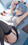 1girl ako_(blue_archive) armpits black_thighhighs blue_archive blue_eyes blue_hair blush breasts hair_between_eyes hairband halo highres large_breasts long_hair looking_at_viewer may9 pencil_skirt sideboob skirt solo thighhighs thighs 