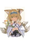  1girl absurdres animal_ear_fluff animal_ears arknights blonde_hair blue_hairband border braid cropped_torso earpiece flower fox_ears fox_girl fox_tail hair_rings hairband hands_up highres holding holding_flower kitsune kyuubi looking_at_viewer multiple_tails oripathy_lesion_(arknights) painterly pomaki3 sketch smile solo straight-on suzuran_(arknights) tail white_background white_border yellow_eyes 
