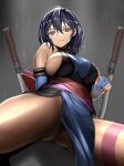  1girl ass_visible_through_thighs bare_shoulders blue_eyes blue_gloves blue_hair blue_kimono blue_panties breasts closed_mouth elbow_gloves from_behind gloves grey_background highres japanese_clothes kimono leg_tattoo looking_at_viewer obi panties partially_fingerless_gloves pelvic_curtain planted planted_sword rain red_eyes rokuba samurai_spirits sash shiki_(samurai_spirits) short_hair short_sword sideboob smile solo sword tantou tattoo underwear weapon wet wet_hair 