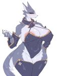  2023 anthro areola biped blue_eyes camel_toe canid canine canis canyne capcom carsen clothed clothing eyelashes female grey_body hi_res legwear mammal monster_hunter navel_outline nipple_outline open_mouth palamute simple_background solo thigh_highs white_background white_body wolf 