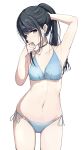  1girl absurdres arm_up armpits bare_arms bare_shoulders bikini black_hair blue_bikini commentary earrings hair_ornament hairclip halterneck highres idolmaster idolmaster_shiny_colors jewelry kazano_hiori long_hair looking_at_viewer navel necklace ponytail side-tie_bikini_bottom sikimosh solo stomach string_bikini swept_bangs swimsuit wet white_background 