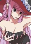  1girl :o aosora2823 bare_shoulders black_dress black_eyes breasts brown_background cleavage collarbone dress flower hand_on_own_hip hand_up hat hat_flower highres large_breasts long_hair one_piece open_mouth perona pink_hair red_headwear simple_background solo strapless strapless_dress watch white_flower wristwatch 