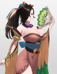  1girl bare_shoulders blush breasts brown_eyes brown_hair cleavage fire_emblem fire_emblem_fates fire_emblem_heroes hair_over_one_eye hand_fan hand_up highres jewelry kagero_(fire_emblem) kagero_(winds_offered)_(fire_emblem) large_breasts long_hair looking_at_viewer necklace official_alternate_costume pelvic_curtain ponytail shou_illust smile solo white_background 